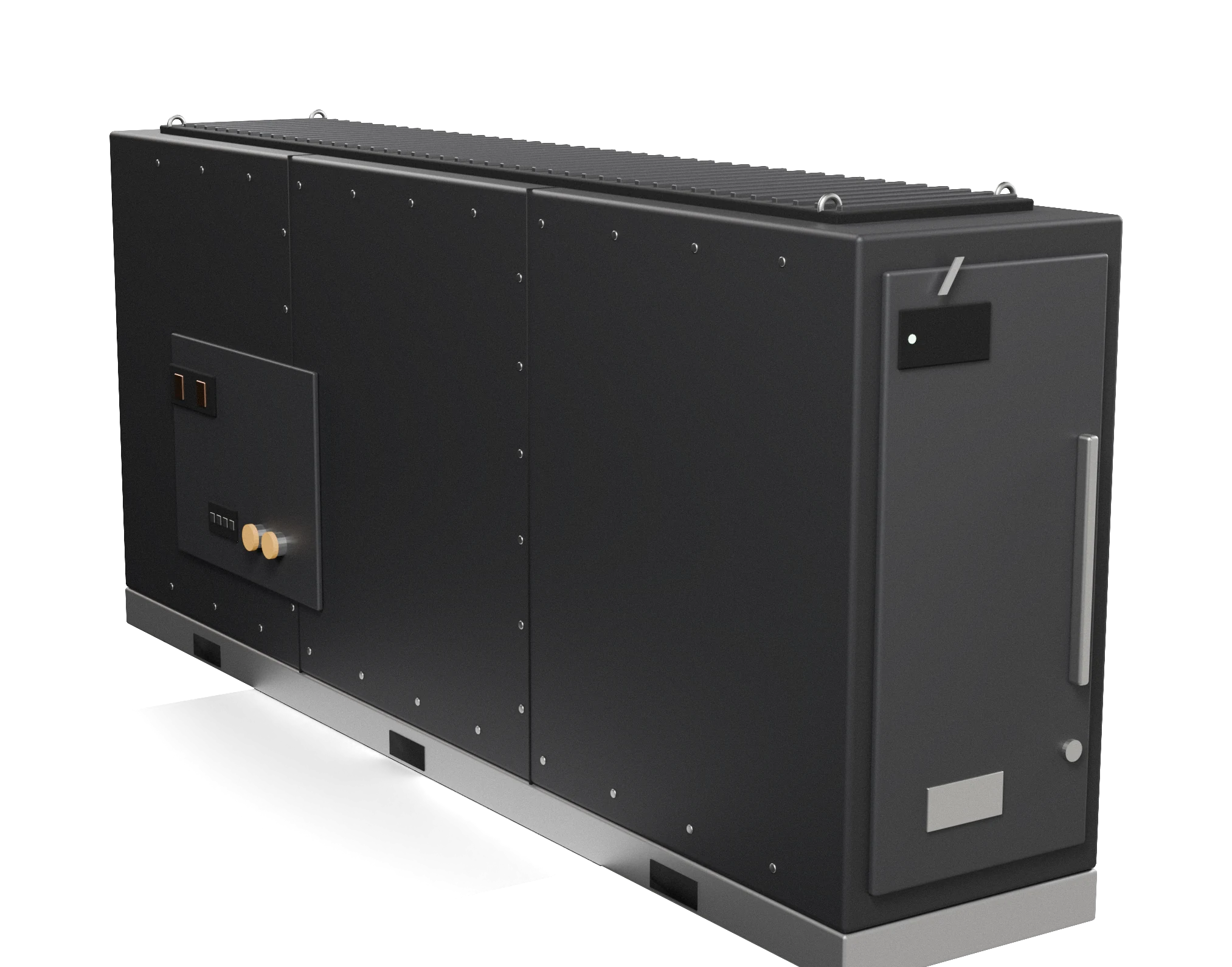 A concept portable datacenter cell: a sealed pallet-sized enclosure with heat rejection on top and a dock on each side
