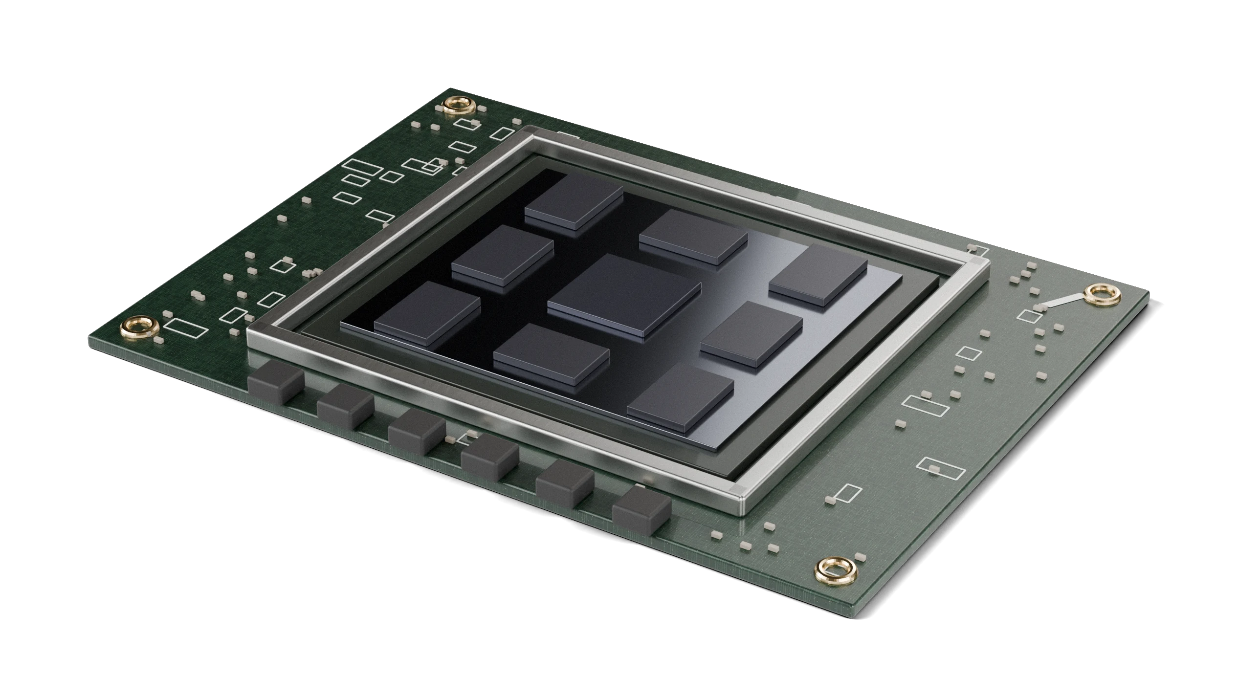 A concept inference module: a small compute die ringed by eight memory stacks on one interposer