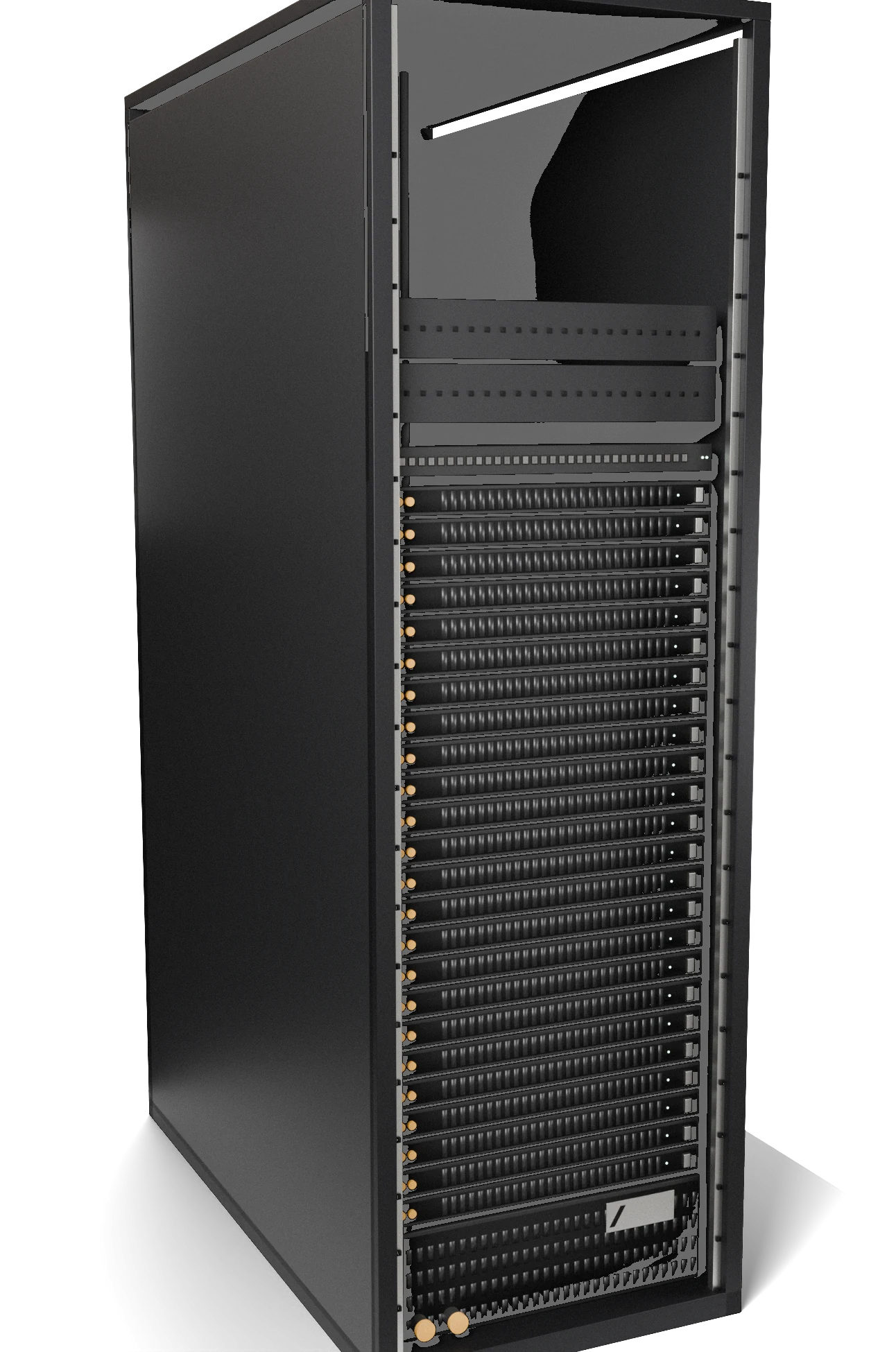 A concept liquid-cooled rack: twenty-four decode sleds, a coolant distribution unit, a top-of-rack switch